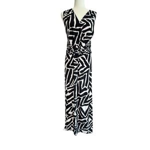 INC Maxi Dress Black Whit Print Sleeveless V-Neck XL Chic Resort Vacation Style